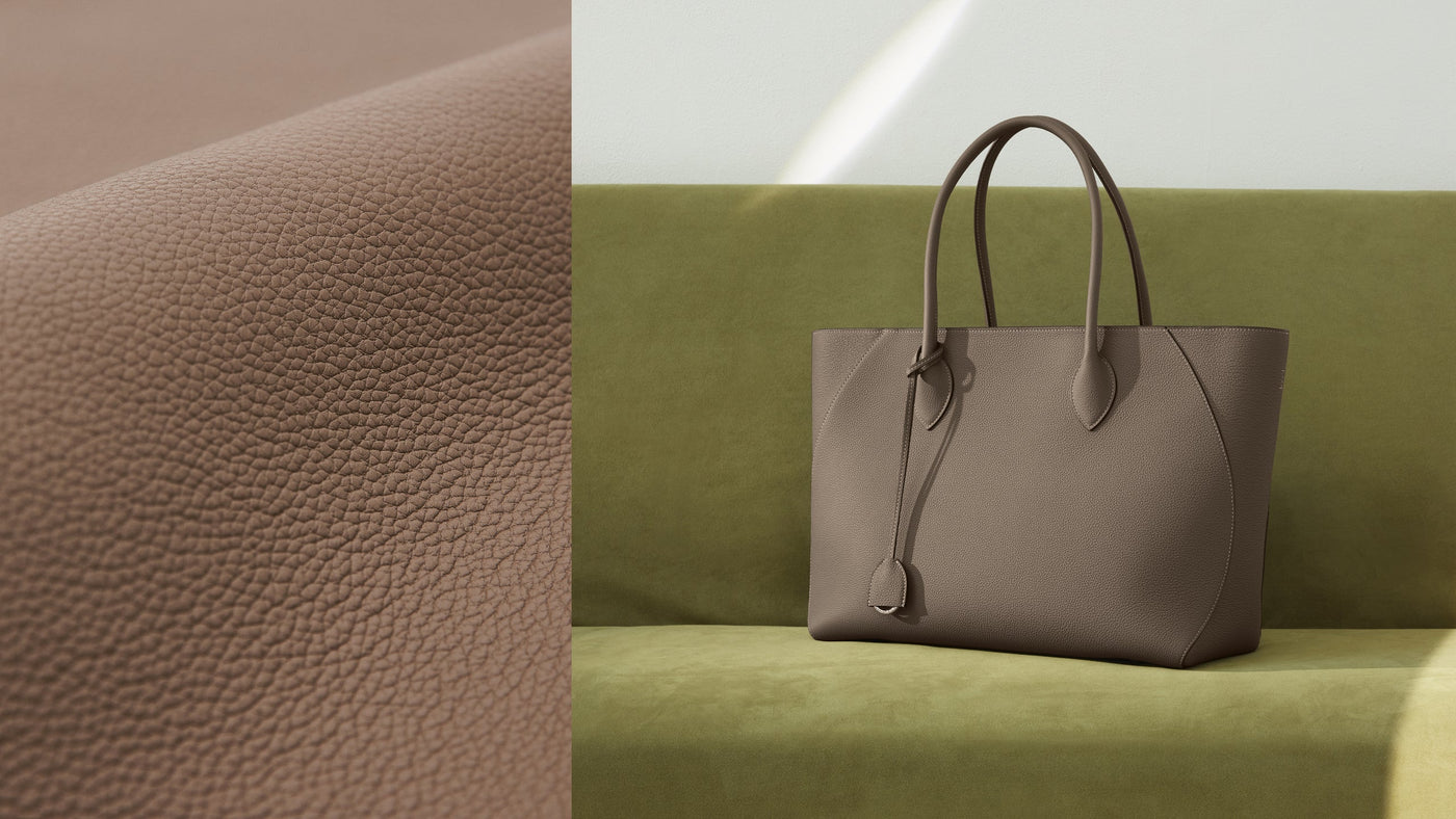 Close-up of an elegant full-grain leather bag with a striking texture.